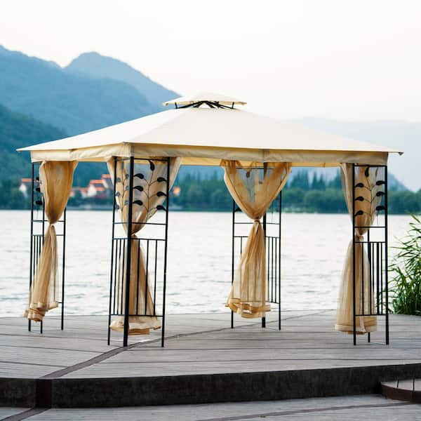 GOSHADOW 10 ft. x 10 ft. Beige Steel Vented Dome Top Patio Gazebo with Netting for Backyard, Poolside and Deck