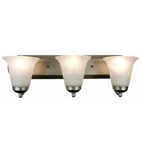 Bel Air Lighting Cabernet Collection 24 in. 3-Light Brushed Nickel Bathroom Vanity Light Fixture with White Marbleized Glass Shades