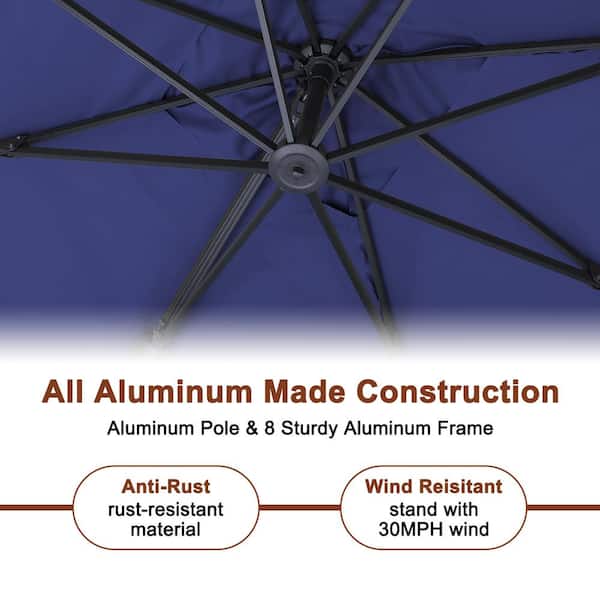 10 ft. x 13 ft. Rectangular Aluminum Cantilever Patio Umbrella with LED Light and Wheeled Base in Navy Blue