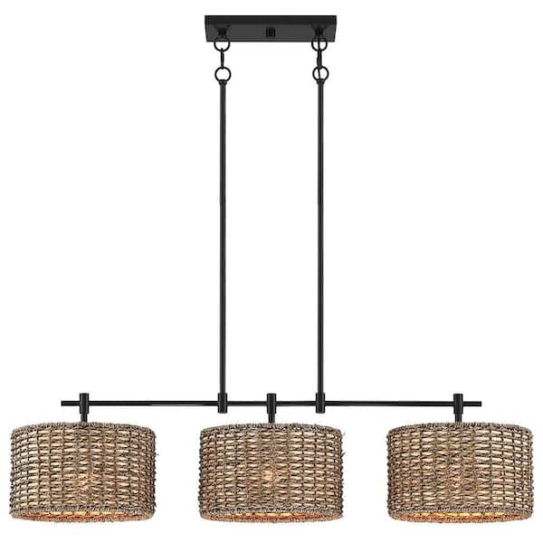 Elis 3-Light Black Farmhouse Linear Island Chandelier Light with Rattan Shades