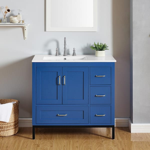 Staykiwi 36 in. W x 18.3 in. D x 32.9 in. H Single Sink Freestanding Bath Vanity in Blue with White Ceramic Top