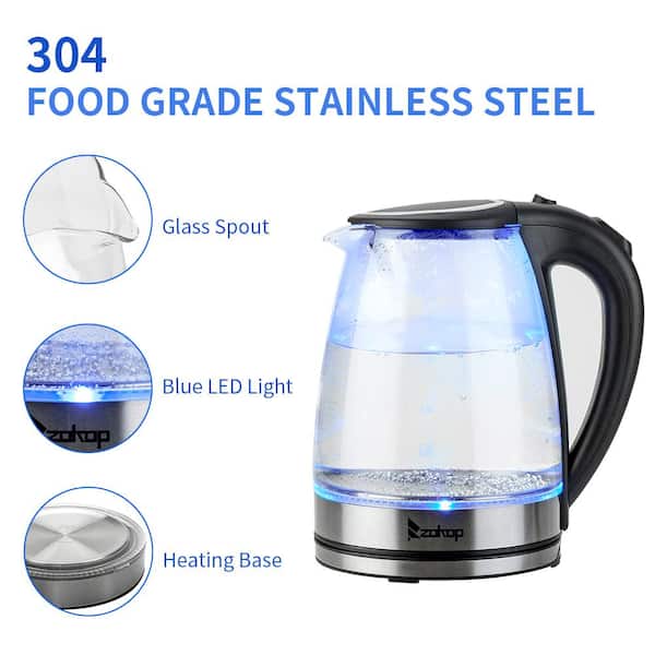 Winado 7.5-Cup Glass and Stainless Steel Electric Kettle with 7-LED Lights, Silver