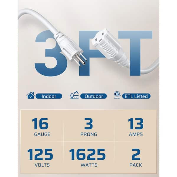 Heavy-Duty 3 ft. 16/3 AWG SJTW Indoor Outdoor Extension Cord with 3 Prong Grounded Outlets Plugs, 2 Pack, White