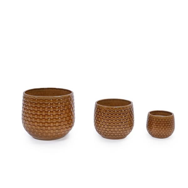 Dark Brown Ceramic Round Planter Set (3-Pack) with Built-in Drainage Hole for Patio