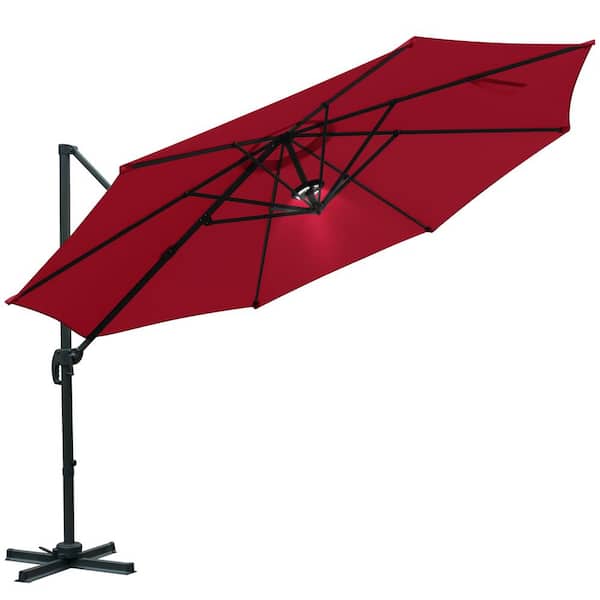 LAUREL CANYON 11.5 ft. Aluminum Offset Cantilever Adjustable Vertical Tilt Round Patio Umbrella with LED Light in Red