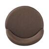 Close-up detail of the curved taupe fabric seat of a counter stool.