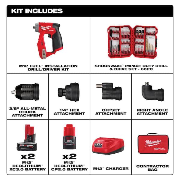 M12 FUEL 12V Lithium-Ion Brushless Cordless 4-in-1 Installation 3/8 in. Drill Driver w/ (4) Batteries & Bit Set