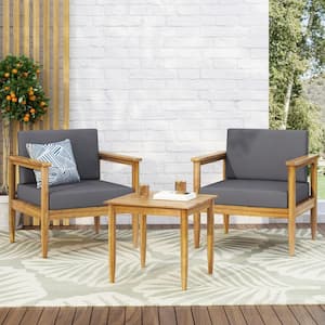 Magnolia Teak Brown 3-Piece Wood Outdoor Patio Conversation Seating Set with Dark Grey Cushions