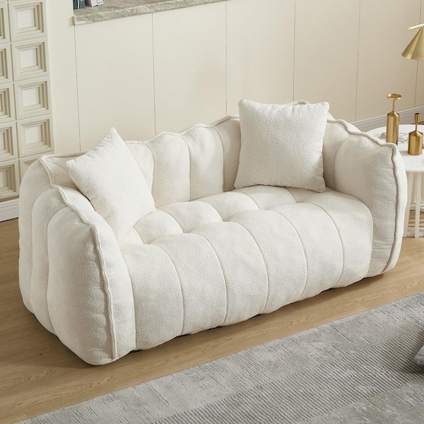 66 in. Modern Beige Chenille Polyester 2-Seat Square Bean Bag Couch with 2 Pillows