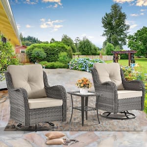 Gray 3-Piece Wicker Patio Conversation Set with All-Weather Swivel Rocking Chairs Beige Cushions