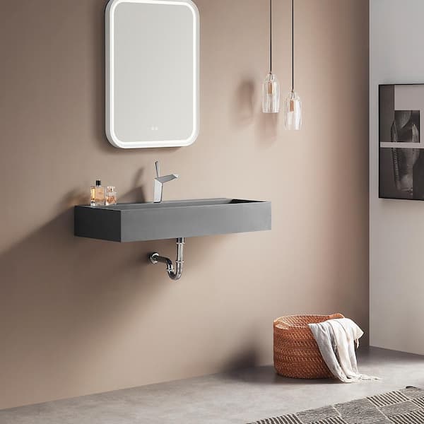 47 in. Wall Mount or Countertop Bathroom Hidden Drain Sink with Double Faucet Holes in Matte Gray