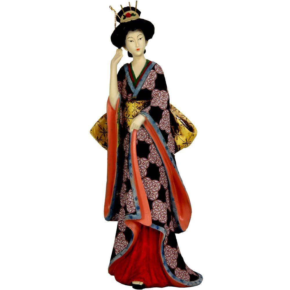 Red Lantern 14 in. Geisha with Ivory Flower Sash Decorative Statue