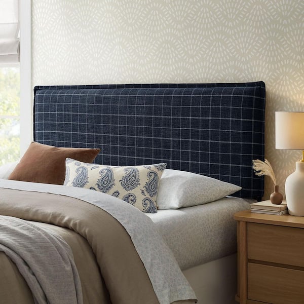Camille King Size Checkered Linen Blend Plaid Headboard with Removable Slipcover in Denim Windowpane Check