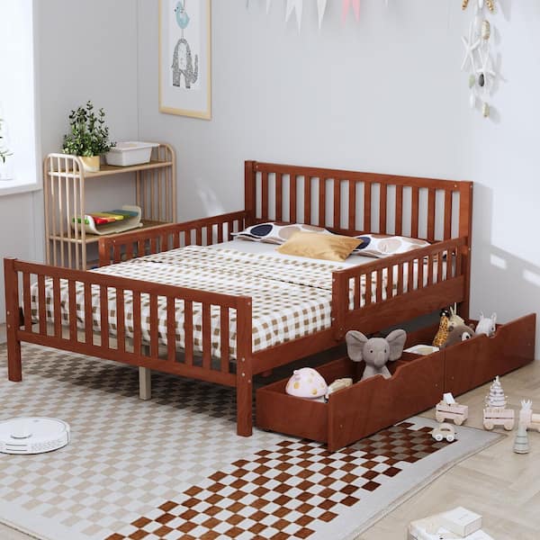 Walnut(Brown) Wood Frame Full Size Platform Bed with Guardrails on Both Sides and 2 Storage Drawers