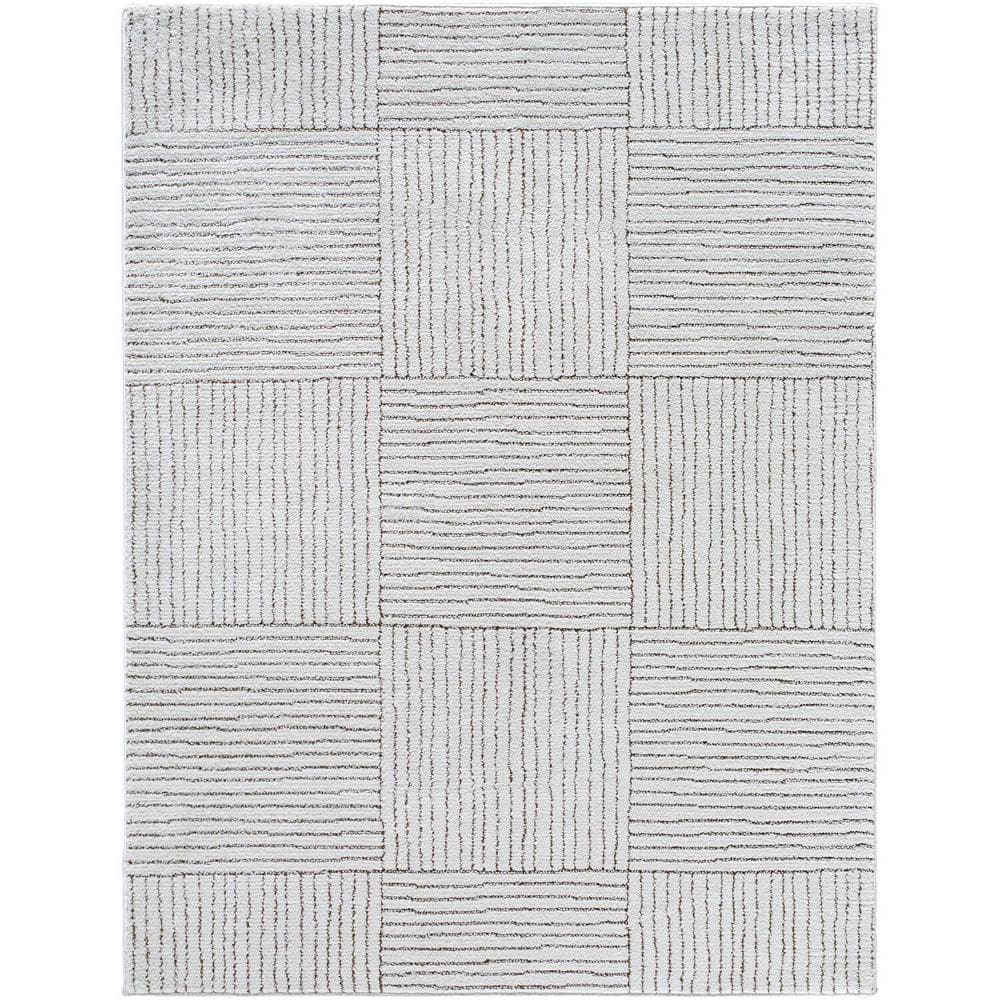Ivory and Brown Geometric Synthetic Area Rug, 6'7" x 9'