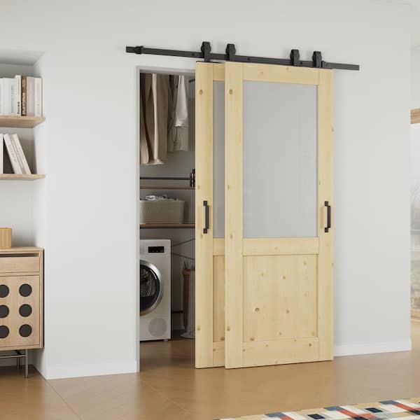 ARK DESIGN 56 in. x 80 in. (Double 32 in.) 1/2-Lite Frosted Glass Unfinished Pine Wood Sliding Barn Door with Hardware Kit Bypass