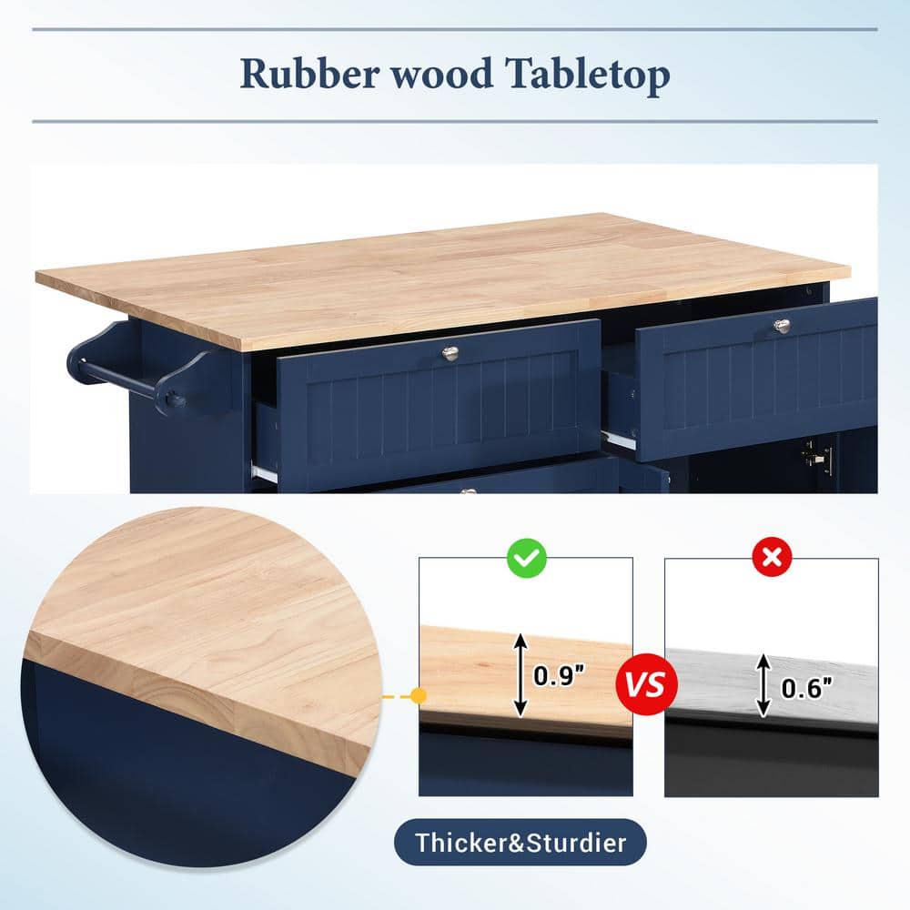 Blue Rubber Wood Drop Leaf Kitchen Island Set with Stools