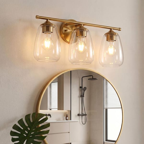Modern 20.5 in. 3-Light Brass Bathroom Vanity Light, Wall Sconce with Seeded Glass Shades