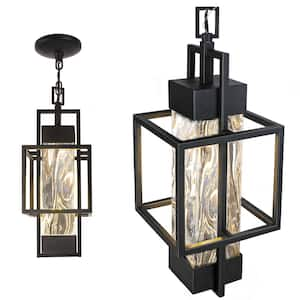 Modern 6W 15 in. Black Pendant Light Motion Sensor Exterior Hanging Lantern, Indoor Chandelier Fixture with Glass Shade