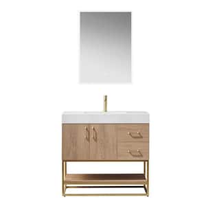 Alistair 36 in. Bath Vanity in North American Oak with Grain Stone Top in White with White Basin and Mirror