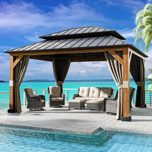 JOYSIDE 15 ft. x 13 ft. Wood Grain Aluminum Double Galvanized Steel Roof Gazebo with Ceiling Hook, Mosquito Netting and Curtains DRWG-A04-1214 JOYSIDE 15 ft. x 13 ft. Wood Grain Aluminum Double Galvanized Steel Roof Gazebo with Ceiling Hook, Mosquito Netting and Curtains DRWG-A04-1214