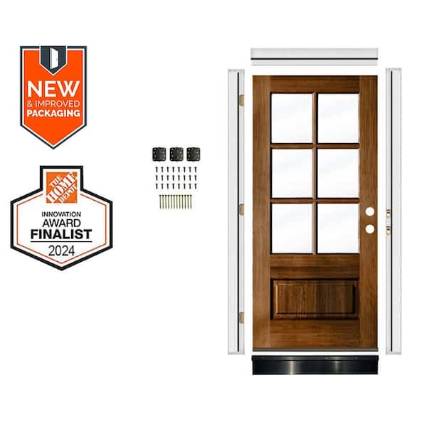 36in.x80in. Farmhouse LH 6-Lite Clear Glass Provincial Stain Wood AssemblyRequired Front Door Kit w/QuickAssembleJamb