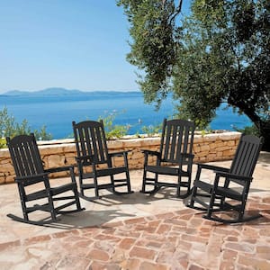 Black Plastic Adirondack Outdoor Rocking Chair with High Back, Porch Rocker for Backyard (Set of 4)