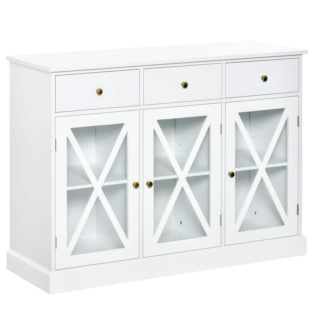 White Farmhouse Style Sideboard Buffet Cabinet with Glass Doors and Drawers