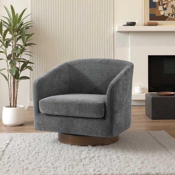 Gray Chenille Upholstered 360° Swivel Arm Chair With Wood Base (Set of 1)