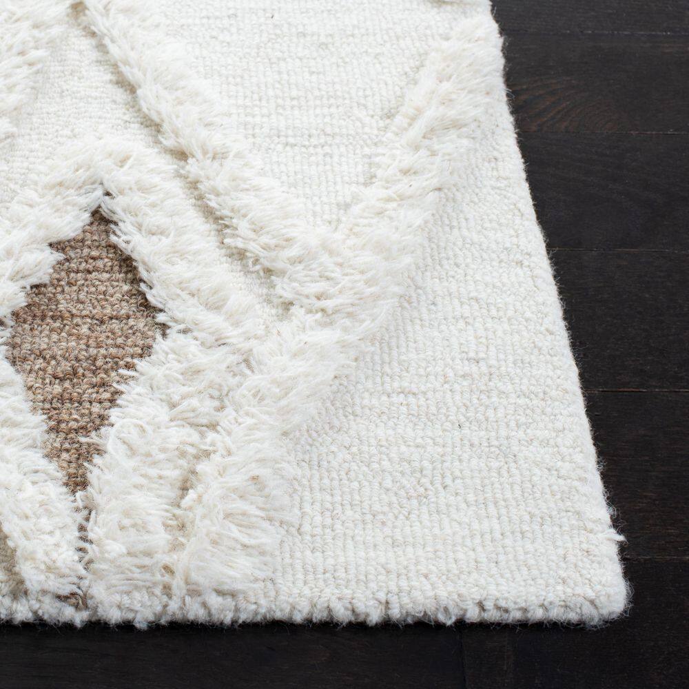 Ivory and Brown Hand-Tufted Wool Square Shag Rug, 6'x6'