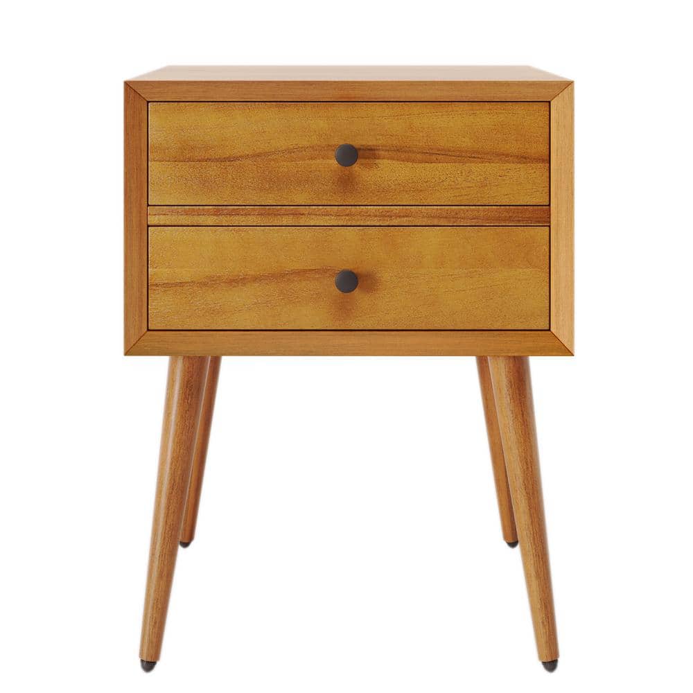 Natural Acacia Wood Mid-Century Modern 2-Drawer Nightstand