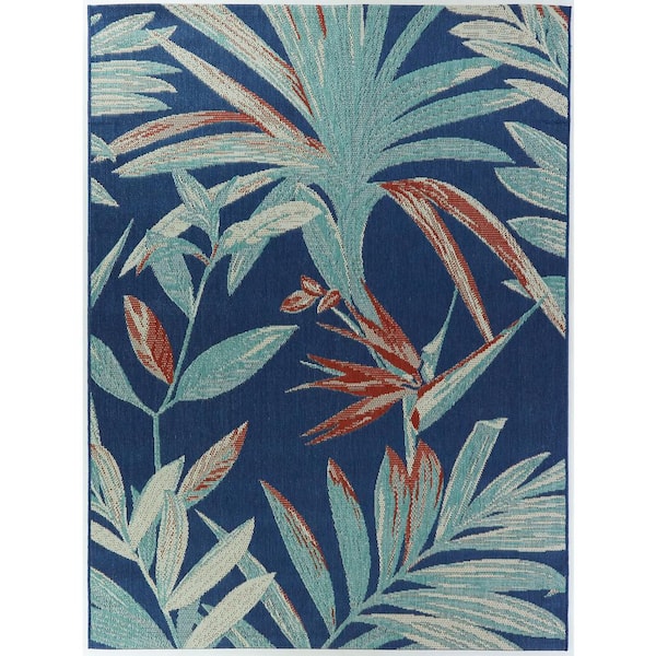 Hampton Bay Blue Hue Palm 5 ft. x 7 ft. Indoor/Outdoor Area Rug