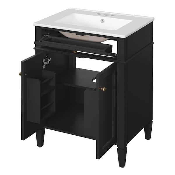 24 in. W Single Sink Freestanding Black Bath Vanity with White Ceramic Top and Tip-Out Drawer, Unassembled