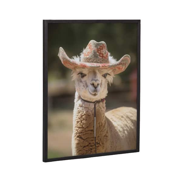 Kate and Laurel Gallery Boho Llama Alpaca Wearing A Western Cowgirl Hat by Black Framed Art Print 16 in. x 20 in.