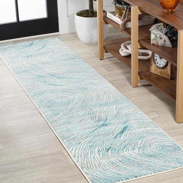 JONATHAN Y Arlo Woodgrain Geometric Ivory/Blue 2 ft. x 8 ft. Runner Rug