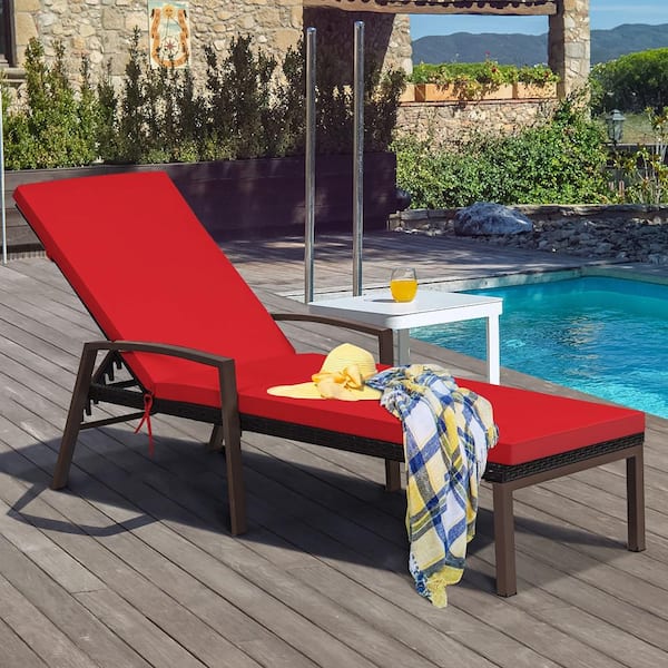 Adjustable Brown Rattan Wicker Patio Outdoor Lounge Chair Recliner Back with Red Cushions