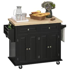 Rolling Black Kitchen Island Cart on Wheels with Rubber Wood Top, Spice Rack, Towel Rack and Drawers for Dining Room