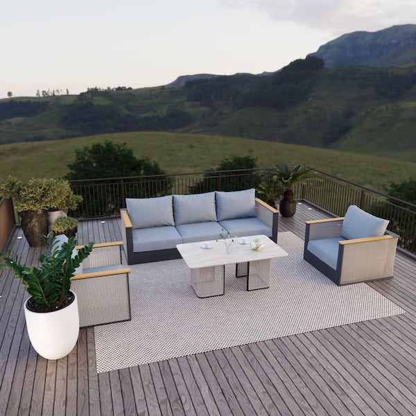 Leisuremod Arvin 4-Piece Outdoor Upholstered Conversation Set with Coffee Table Three Seater Sofa and 2 Accent Chairs in Black