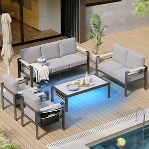 5-Piece Aluminum Patio Conversation Set with Light Gray Cushions LED Coffee Table and Movable Side Pocket