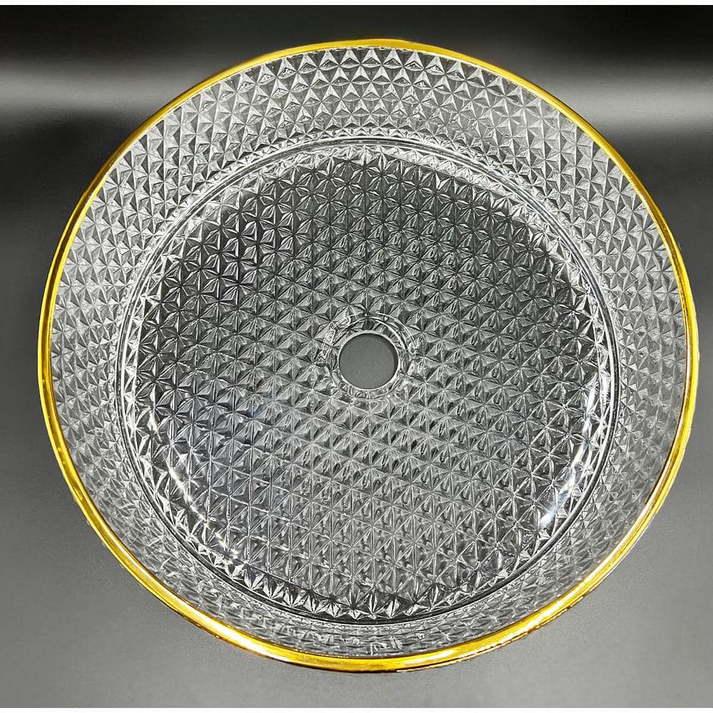 14" Clear Glass Circular Vessel Sink with Gold Rim