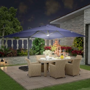 10 ft. x 13 ft. Aluminum Cantilever Outdoor Tilt Patio Umbrella in Navy Blue with Bluetooth LED Light, Base Weight Stand