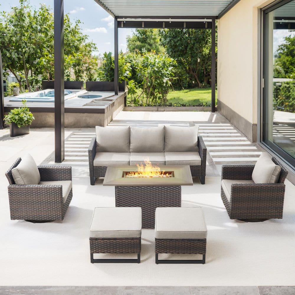 U-Weave 6-Piece Brown Wicker Outdoor Rectangular Fire Pit Conversation Set with Beige Cushions and Swivel Rocking Chairs price history on PriceWatchPro