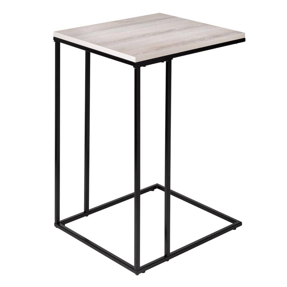 Natural Wood Grain and Matte Black Metal Square C-Shape End Table
