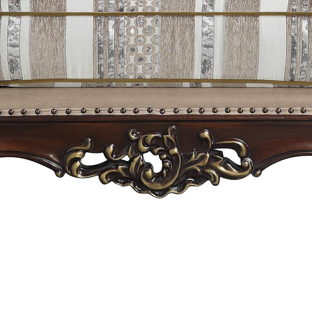 Light Brown Linen and Cherry Wood Floral Accent Chair