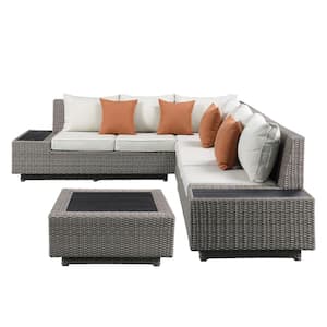 Salena 33 in. Armless 4-Piece Fabric L-Shaped Sectional Sofa in Beige and Gray Wicker