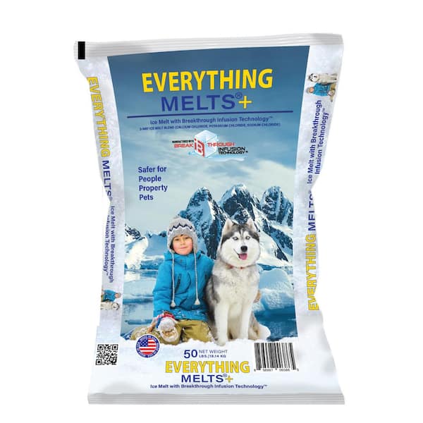 EVERYTHING MELTS 50lbs. Infused Ice Melt Pallet, Calcium and Potassium Chloride, Corrosion Inhibitor, Anti-Caking, Dye