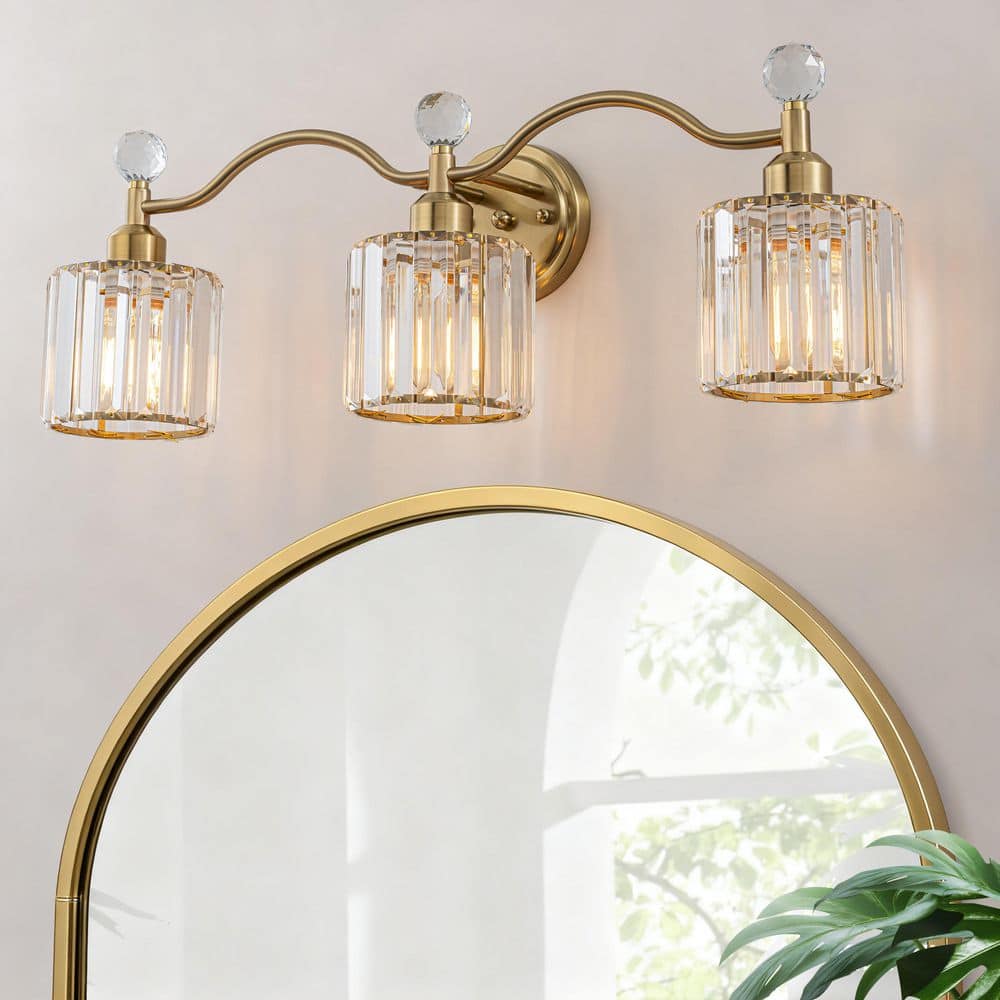 26 in. 3-Light Gold Crystal Vanity Light with Clear Glass Cylinder Shades for Bathroom, Powder Room, or Vanity Area price history on PriceWatchPro