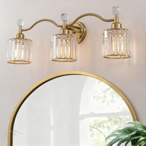26 in. 3-Light Gold Crystal Vanity Light with Clear Glass Cylinder Shades for Bathroom, Powder Room, or Vanity Area