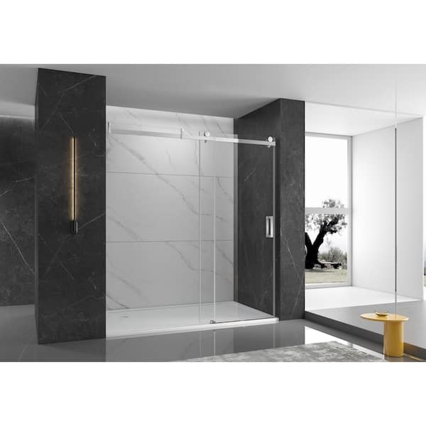 MCOCOD 60 in. W x 76 in. H Single Sliding Frameless Shower Door in Chrome with Soft-closing and 3/8 in. (10 mm) Clear Glass