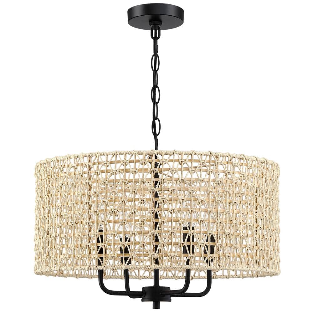 Natural Beige Rattan Drum Pendant Chandelier with Black Accents